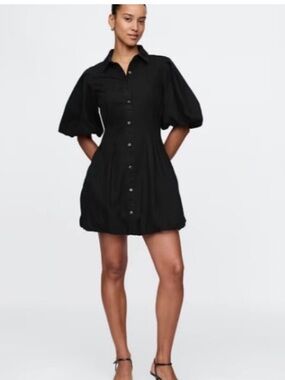 Gap Black Button-Front Puff Sleeve Mini Bubble Dress size L